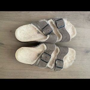Grey/White Fuzzy Birkenstocks Size 38